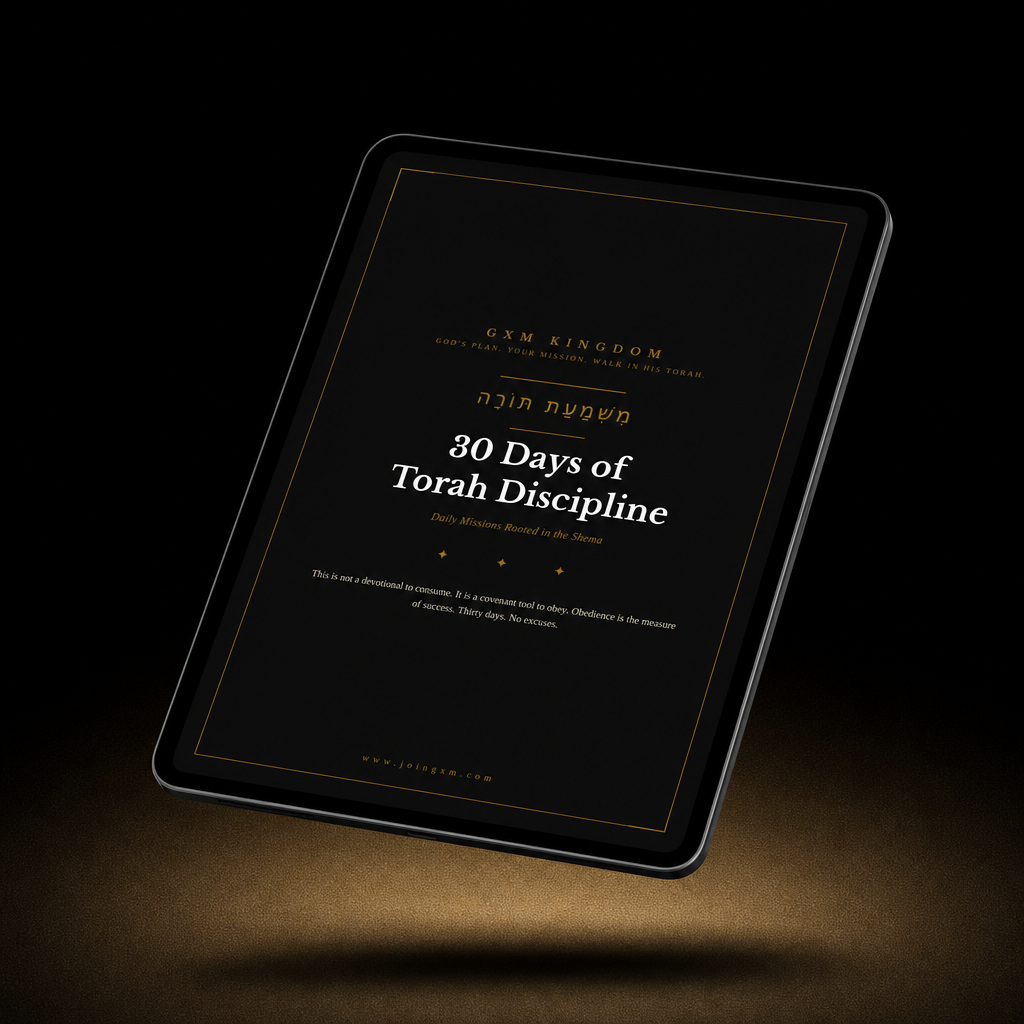 A tablet device angled on a dark surface, displaying a black book or digital cover with gold and white text reading '30 Days of Torah Discipline' and 'Gem Kingdom' at the top.