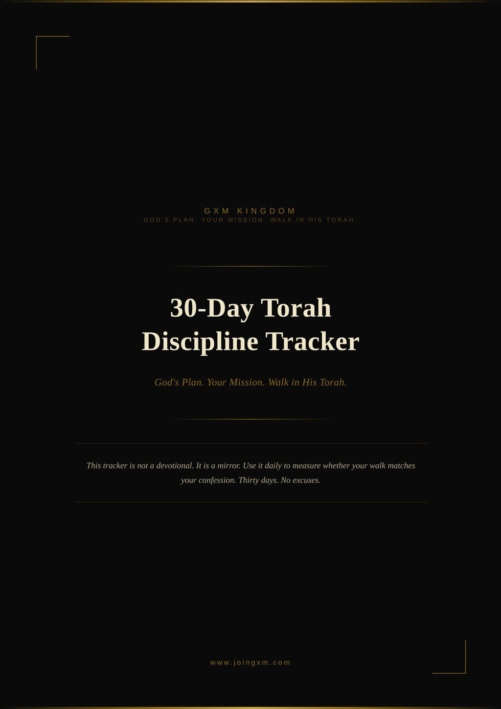 A black book cover for the '30-Day Torah Discipline Tracker' by GXM Kingdom, featuring white and gold typography centered on a solid black background.

