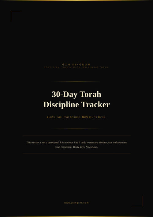 A black book cover for the '30-Day Torah Discipline Tracker' by GXM Kingdom, featuring white and gold typography centered on a solid black background.
