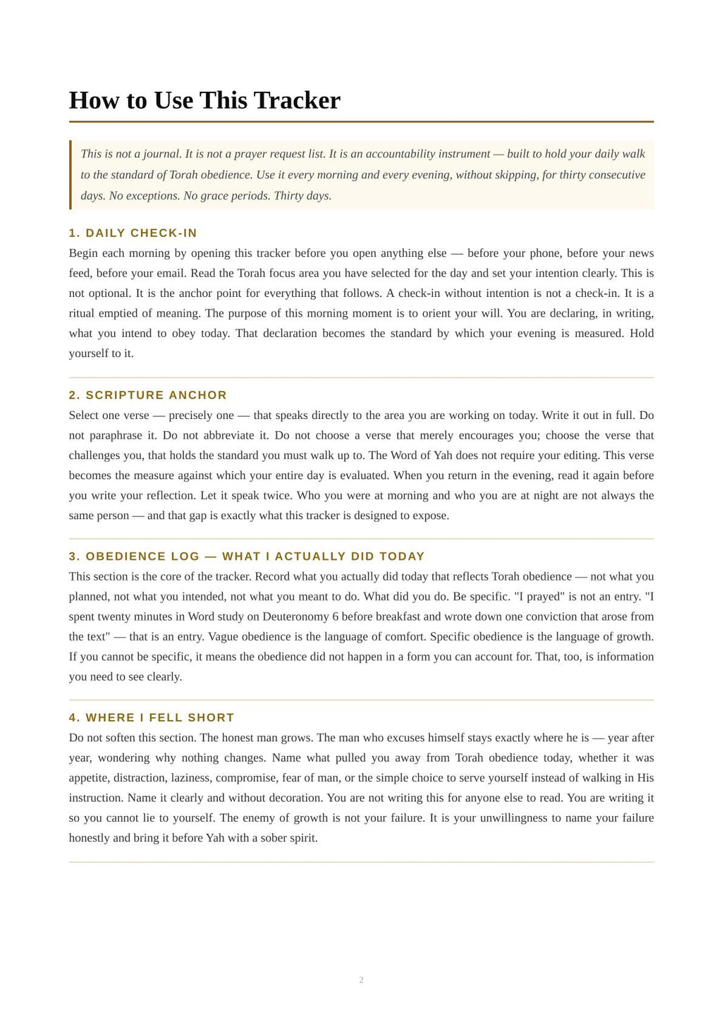 A printed page titled 'How to Use This Tracker' with a light gray background and black text, outlining steps for daily check-in, scripture anchor, obedience log, and where to feel short. GXM Kingdom