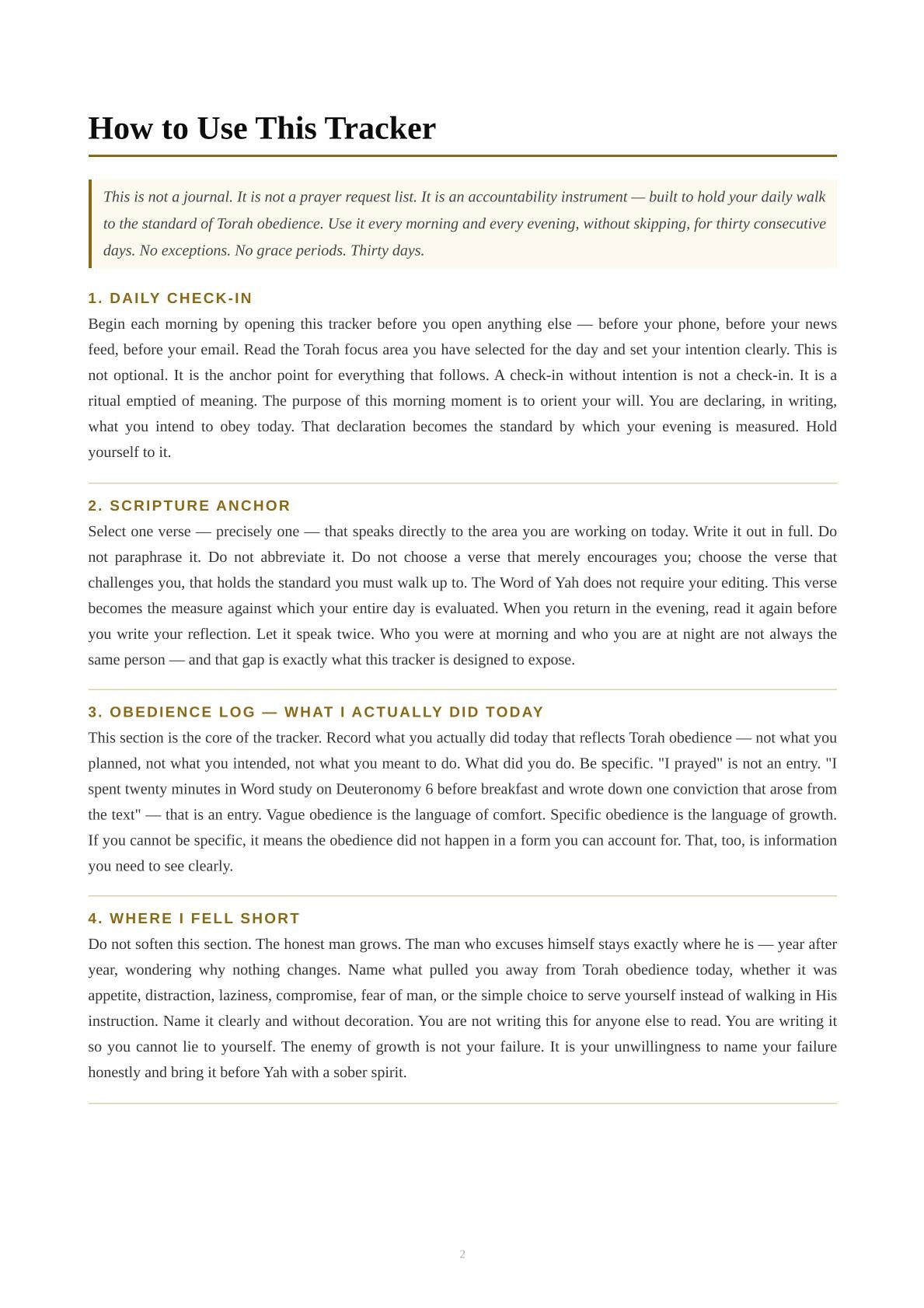 A printed page titled 'How to Use This Tracker' with a light gray background and black text, outlining steps for daily check-in, scripture anchor, obedience log, and where to feel short. GXM Kingdom