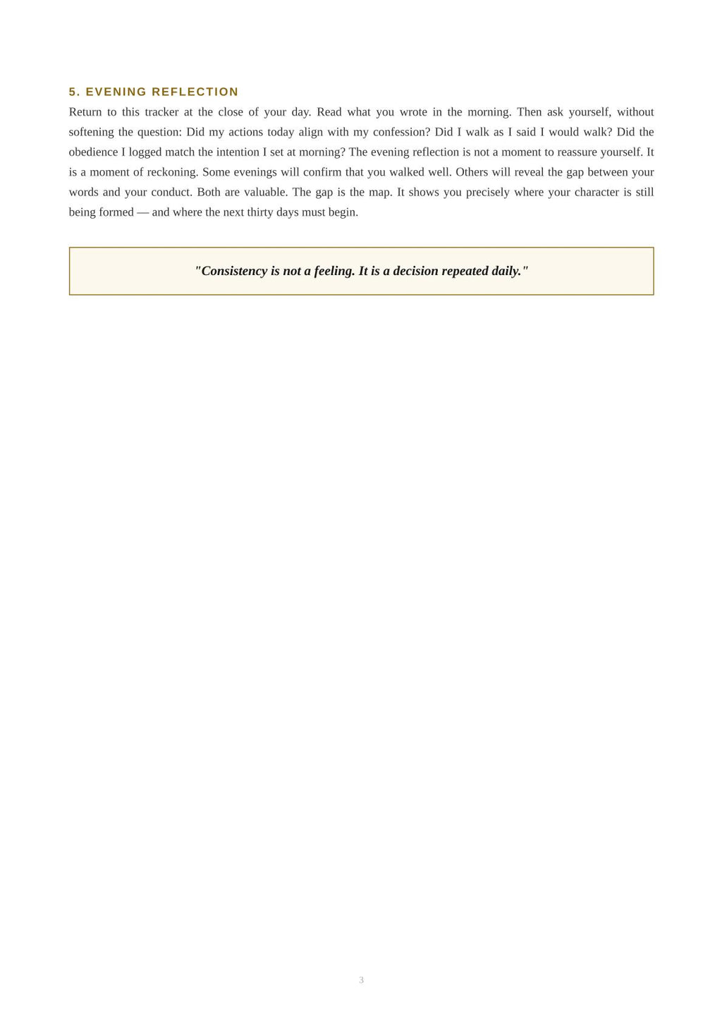 A page from a book or booklet with the heading '5. EVENING REFLECTION' in brown text, followed by a short reflective paragraph and a boxed quote near the bottom on a white 
background. GXM Kingdom