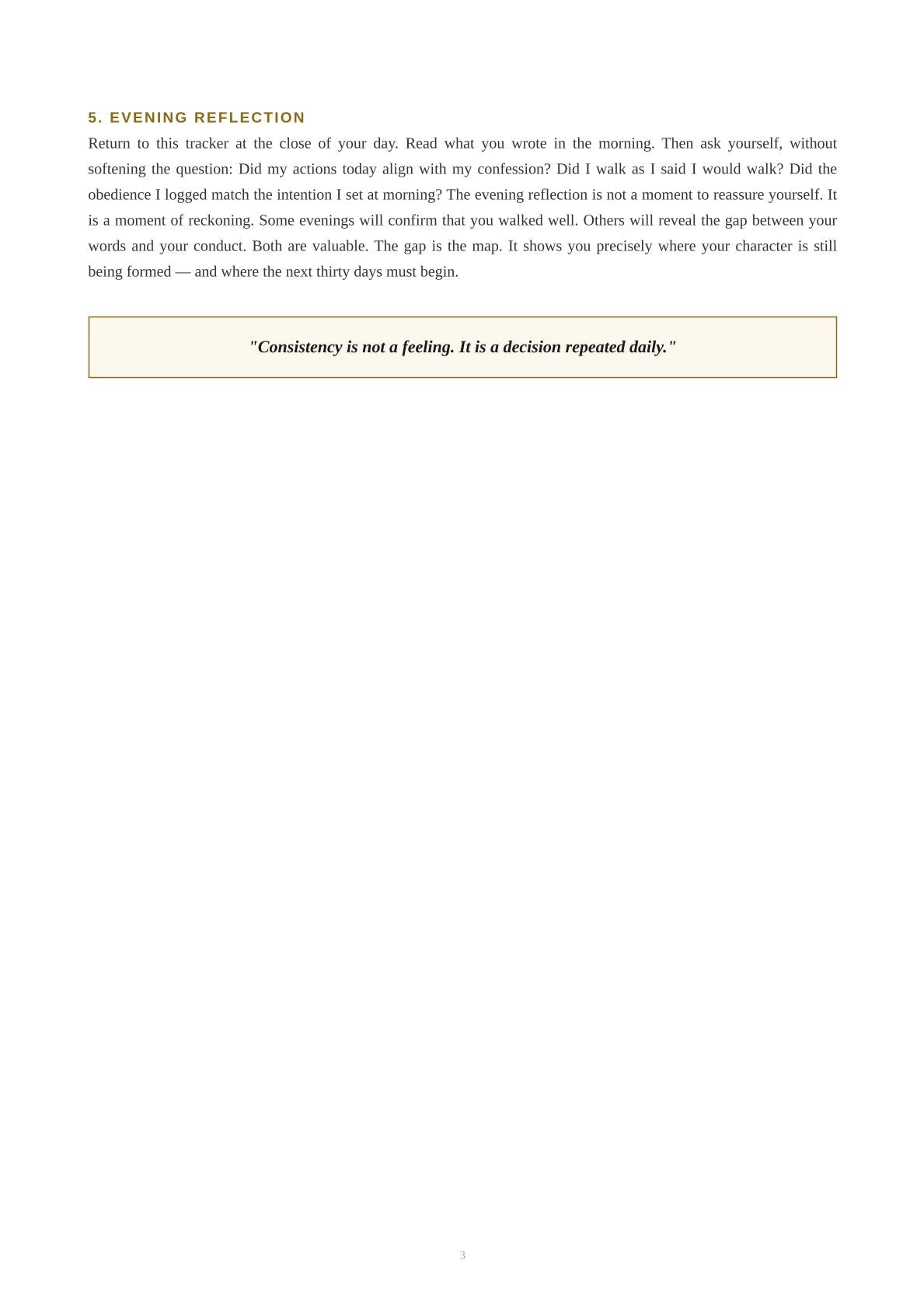 A page from a book or booklet with the heading '5. EVENING REFLECTION' in brown text, followed by a short reflective paragraph and a boxed quote near the bottom on a white 
background. GXM Kingdom