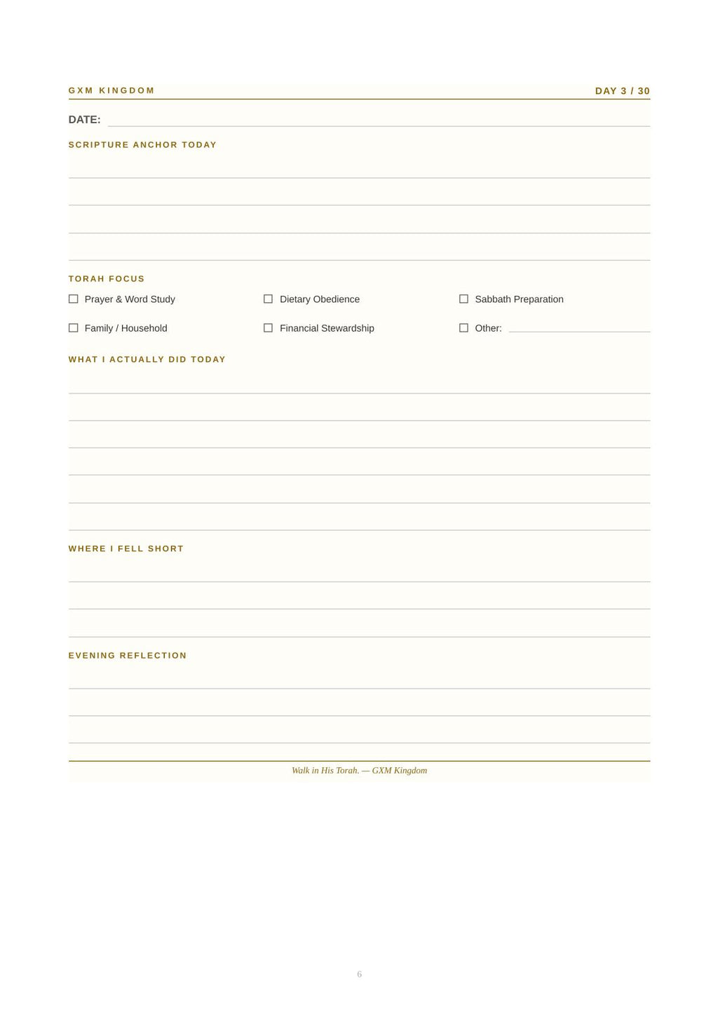 A daily devotional reflection page from GXM Kingdom, featuring clean white paper with light olive green text and lines for writing, including fields for date, scripture anchor, Torah focus, what was actually done, where to fill in short, and evening reflection.