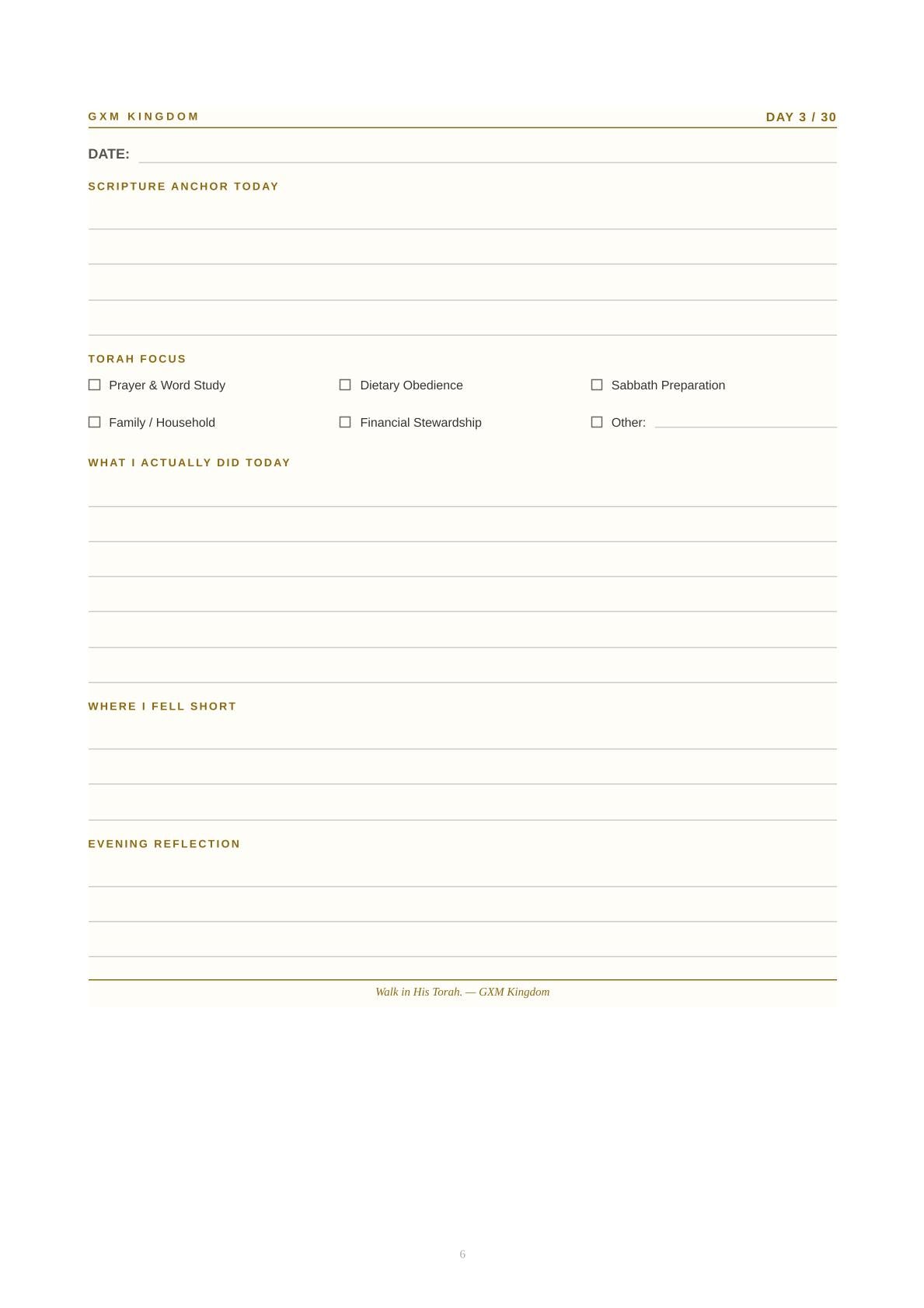 A daily devotional reflection page from GXM Kingdom, featuring clean white paper with light olive green text and lines for writing, including fields for date, scripture anchor, Torah focus, what was actually done, where to fill in short, and evening reflection.